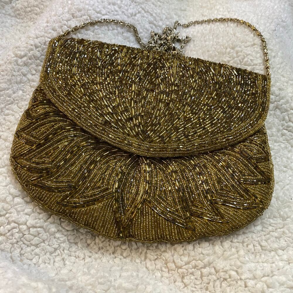 VINTAGE La Regale Gold Beaded Evening Bag with Gold Hardware Chain 70s-80s
